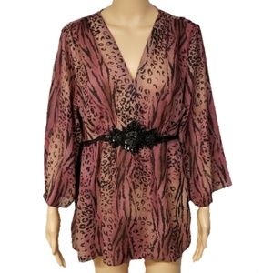 Women's Pink Animal-Print V-Neck Tunic Top with Black Waist Embellishment